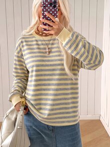 SHEIN EZwear 大尺碼女款條紋休閒百搭日常長袖T恤 秋季 - 彩色 - 查看 7