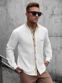 Manfinity CasualCool 男士拼色休閒百搭日常穿著長袖襯衫 - 白色 - 查看 5
