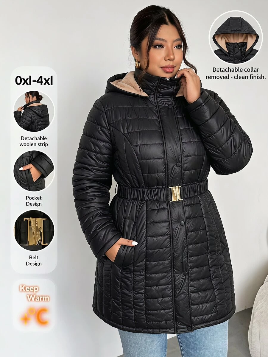 Reflora Plus Size Mid-Length Hooded Padded Coat - Black - View 1