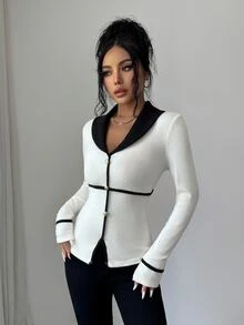 Elenzga French Style Black & White Colorblock Blazer Lapel Fuzzy Ribbed Single-Breasted Gold Button Cinched Cinched Waist Long Sleeve Top - Black and White - View 7