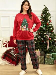 Doze Lane Plus Size Women's Casual Knit Christmas Home Wear Pajama Set - Red - View 7