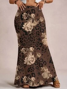 Freevana 女款棕色豹紋玫瑰印花高腰修身 A 字長裙，適合復古秋冬穿搭 - 棕色 - 查看 1