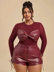 SHEIN BAE CURVE بودي سوت نسائي مقاس كبير من جلد PU وشبك بتصميم مرقع وأكمام طويلة - عنابي اللون - مشاهدة 6