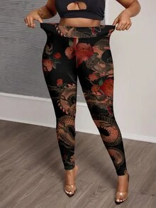 Slaydiva Plus Size Women's Floral Print Casual Daily Tight Leggings - Multicolor - View 1