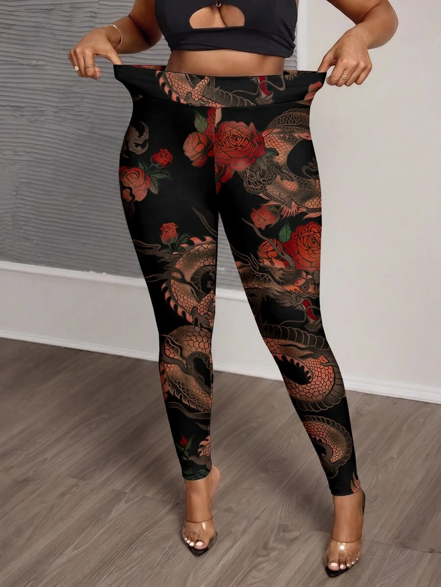 Slaydiva Plus Size Women's Floral Print Casual Daily Tight Leggings - Multicolor - View 1