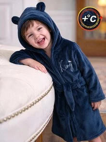 Boys' Simple Royal Blue Plush Long Sleeve Hooded Robe Loungewear - Blue - View 8