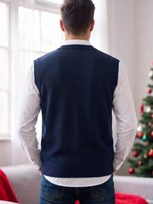 Manfinity Homme Men's Gingerbread Man Pattern Crew Neck Casual Versatile Knit Vest - Navy Blue - View 6