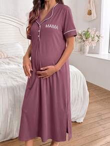 Moonlight&Mama Solid Color Comfortable Fabric Letter Print MAMA Front Pocket Button-Up Short Sleeve Maternity Long Dress Nightgown - Red Violet - View 6