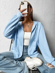SHEIN EZwear 拉鍊式插肩袖抽繩連帽衛衣，秋冬長袖上衣 - 淺藍色 - 查看 5