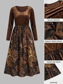 Freevana 2 In 1 Velvet Maxi Dress With Paisley Skirt, Boho Layered High-Waist Long Sleeve For Autumn - Brown - View 9