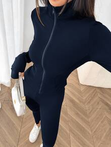 SHEIN EZwear 休閒極簡純色海軍藍針織女款運動套裝，適合秋冬底層穿搭、瑜伽、跑步與運動 - 藏蓝色 - 查看 9