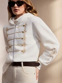 Nima Coro Women's Zip-Up Hooded Sweatshirt With Napoleon Collar And Embroidered Design - White - View 6