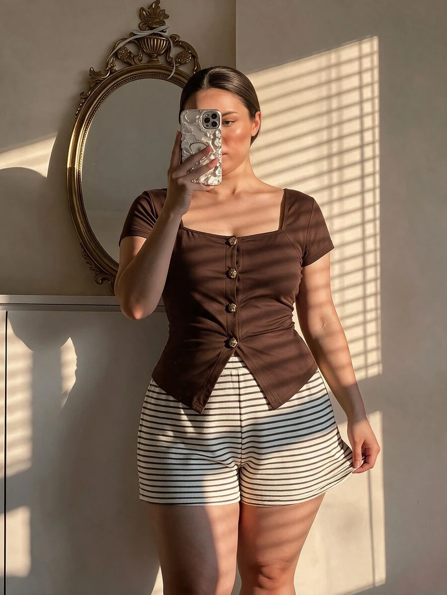 SHEIN MOD Plus Size Women Solid Color Short Sleeve Top And Striped Shorts 2 Pieces Set - Multicolor - View 1