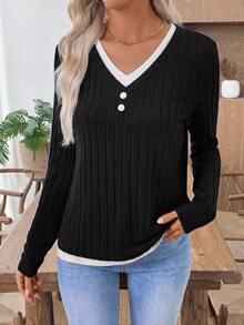 INAWLY Women's Colorblock V-Neck Long Sleeve Ribbed Casual T-Shirt - Black - View 5