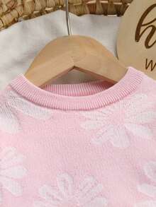 SHEIN Baby Outfit Set Pink Floral Baby Sweater Set Round Neck Long Sleeve Knit Top And Pants - Baby Pink - View 3