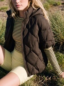WanderVale Women's Quilted, Detachable Hood, Short Sleeve Batwing Sleeve Padded Coat, ,Brown, Diamond Stitch, Zip Up, Outdoor Fall Winter. - Coffee Brown - View 10