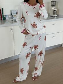 ZzzCrew Christmas Gingerbread Man Print Ribbed Contrast Patchwork Long Sleeve Pants Pajama Set - Beige - View 5
