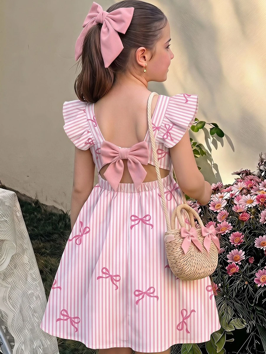 Tween Girl Bow Decor Striped Casual Daily Summer Dress - Multicolor - View 1