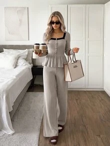 Easowa Casual Relaxed Elegant Commute Old Money Style Autumn/Winter Women's 2 Pieces Outfit,Contrast Trim Square Neck Metal Decor Button Ruffle Hem - Multicolor - View 5