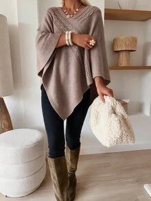 Sprig & Strand Women's Soft Elegant Autumn/Winter Diagonal Cable Knit Shawl, V-Neck Cape Style Asymmetrical Hem, Versatile Layering Outerwear For Daily Commute And Dating - Mocha Brown - View 5