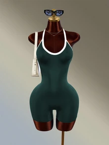 Amplova 女款拼色休閒掛脖運動連身褲 - 墨綠色 - 查看 5