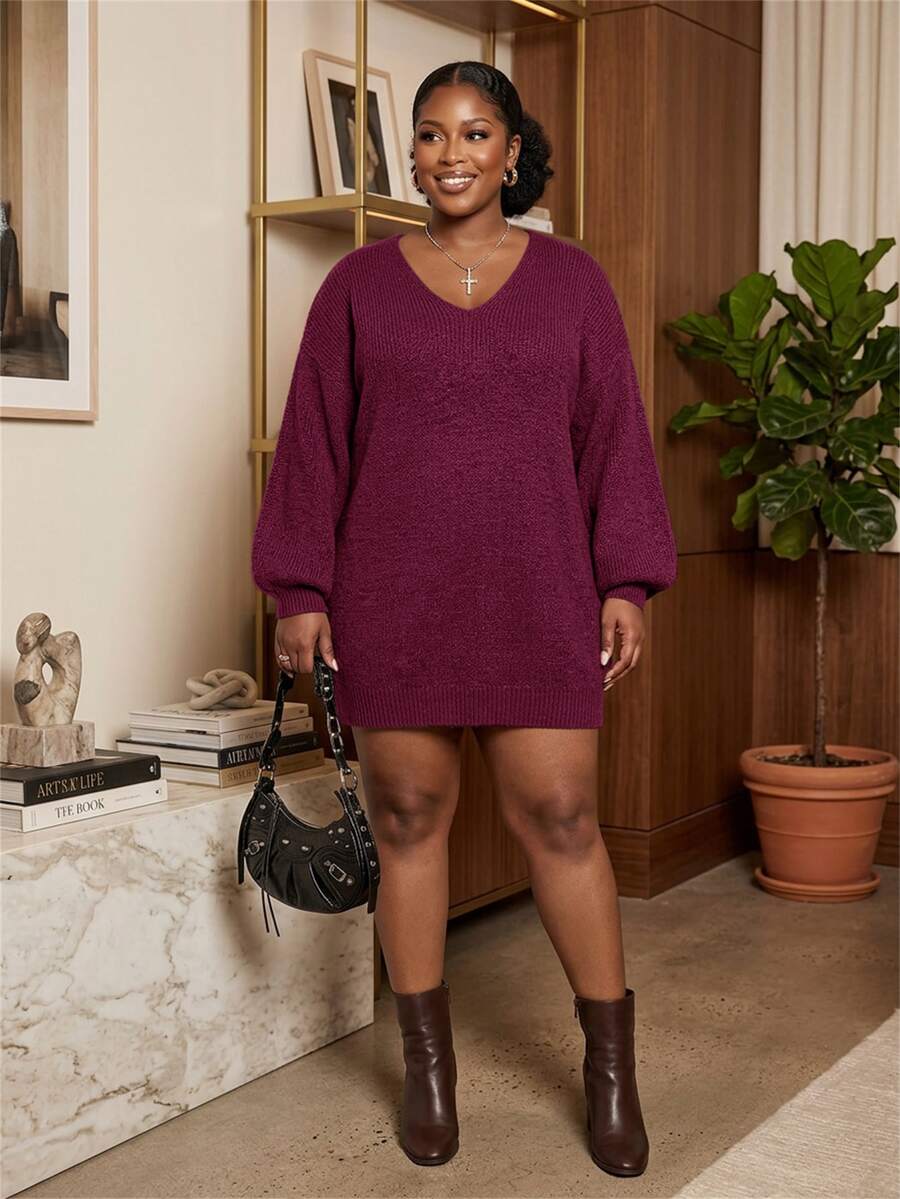 Slaydiva Plus Size Autumn/Winter Casual Solid Color Knit Dress - Purple - View 1
