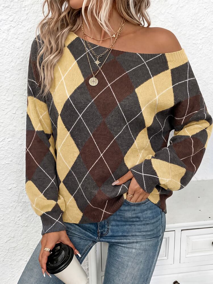 EMERY ROSE Women's Autumn/Winter One-Shoulder Long Sleeve Diamond Pattern Casual Sweater - Multicolor - View 5