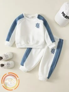 SHEIN 男女嬰兒/幼兒 2件組秋冬加厚抓絨內裡休閒可愛拼色拼接插肩袖衛衣套裝，丹寧，嬰兒冬季穿搭，聖誕 - 白色 - 查看 5