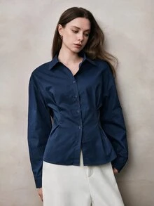 Zovinel 女款素色長袖單排扣休閒通勤襯衫 - 藏蓝色 - 查看 3