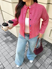 Easura Áo cardigan len dệt kim nữ size lớn, phong cách thường ngày, phối màu colorblock kẻ sọc, vai trễ - Đỏ - Xem 4