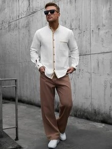 Manfinity CasualCool 男士拼色休閒百搭日常穿著長袖襯衫 - 白色 - 查看 6