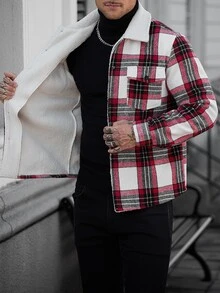 Manfinity CasualCool 男士格紋長袖單排扣休閒工裝口袋夾克，秋冬法蘭絨外套，送給男友與丈夫的完美節日禮物 - 彩色 - 查看 6