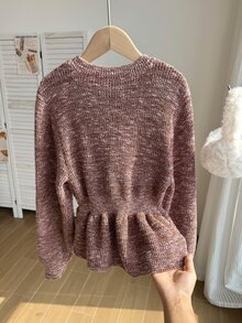 SHEIN 女童棕色針織長袖毛衣，秋冬服飾，韓風新款優雅百搭修身收腰荷葉邊短版毛衣，時尚公主風，適合校園、派對、日常穿著、感恩節 - 棕色 - 查看 2