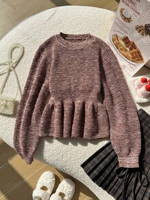 SHEIN 女童棕色針織長袖毛衣，秋冬服飾，韓風新款優雅百搭修身收腰荷葉邊短版毛衣，時尚公主風，適合校園、派對、日常穿著、感恩節 - 棕色 - 查看 3