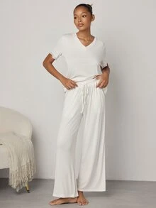 Ocili Women's Solid Color Minimalist Daily V-Neck Comfortable Soft Lace Short Sleeve Drawstring Long Pants Pajama Set - White - View 3