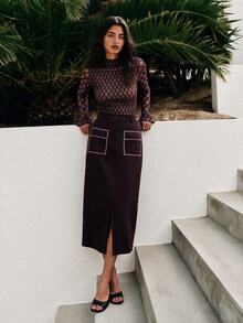 Nöista Misi Skirt Contrast Piping And Front Slit Opening - Burgundy - View 6