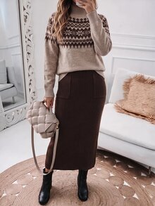 Louniche Women's Fair Isle Stand Collar Long Sleeve Sweater And Knitted Skirt Elegant 2 Pieces Set - Chocolate Brown - View 3