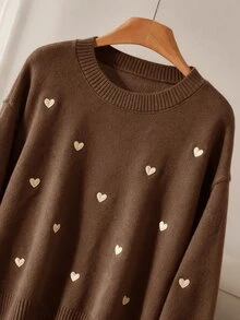 CosyJoli Plus Size Elegant French Style Vacation Commute Romantic Date Casual Premium Minimalist Pink Heart Embroidery Knit Pullover Sweater For Fall/Winter - Coffee Brown - View 5