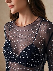 Anewsta Women's Mesh Sheer Long Sleeve Top, Summer - Navy Blue - View 3
