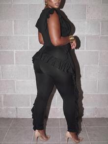 Slaydiva Plus Size Textured Zip Front Jumpsuit, Slim Fit Long Pants With Ruffle Back Detail, Curvy Night Out Outfit - Black - View 4