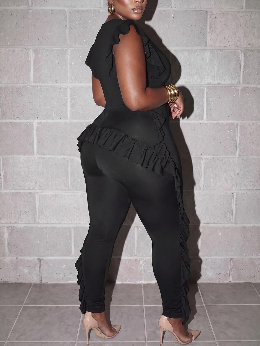 Slaydiva Plus Size Textured Zip Front Jumpsuit, Slim Fit Long Pants With Ruffle Back Detail, Curvy Night Out Outfit