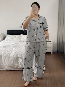 Napfluff CURVE Napfluff CURVE Grey Striped Bow Print Contrast Color Bow Decor Plus Size Women's Open Front Lapel Short Sleeve Long Pants Casual Pajama Set - Black and White - View 3