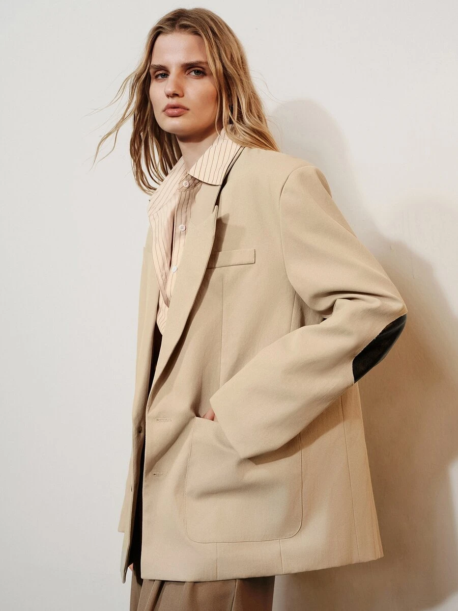 Aveloria Modichic Women's Oversized Loose Fit Dropped Shoulder Long Sleeve Blazer Jacket With Large Lapel And 2-Button Closure, Casual Suit Top For Daily Work Commute Dating Shopping Spring Autumn Versatile Outerwear Or Inner Layer - Apricot - View 1