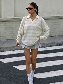 Muchica 女款 Polo 領長袖寬鬆條紋運動衫，秋冬服飾 - 彩色 - 查看 4