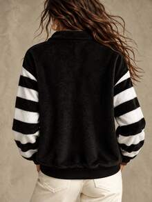 SHEIN Women's Spring/Autumn Fuzzy Horizontal Striped Half-Zip Stand Collar Loose Regular Length Weekend Street Vintage Casual Pullover Top - Black and White - View 2
