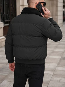 Manfinity Homme Men's Suede-Like Faux Fur Collar Quilted Padded Zip-Up Winter Jacket - Black - View 2