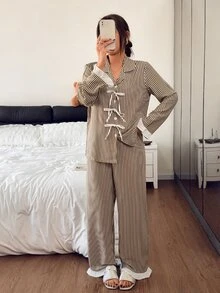 Napfluff Vintage Vertical Striped Pajama Set, Sweet Bowknot Decoration, Ruffle Cuff Patchwork Loungewear - Multicolor - View 4