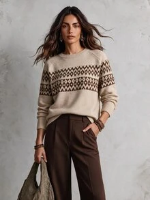 Solivie Women's Autumn/Winter Jacquard Fashion Long Sleeve Sweater - Camel - View 5