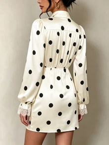 SHEIN LUNE Short Sleeve Black White Polka Dot Elegant French Vintage Vacation Casual Dress Brunch Tea Party - Multicolor - View 3