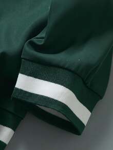 SHEIN Green Zipper Baseball Jacket, Ribbed Contrast Striped Collar, NEW YORK Letter Print, Woven Lightweight, Spring/Autumn - Dark Green - View 8